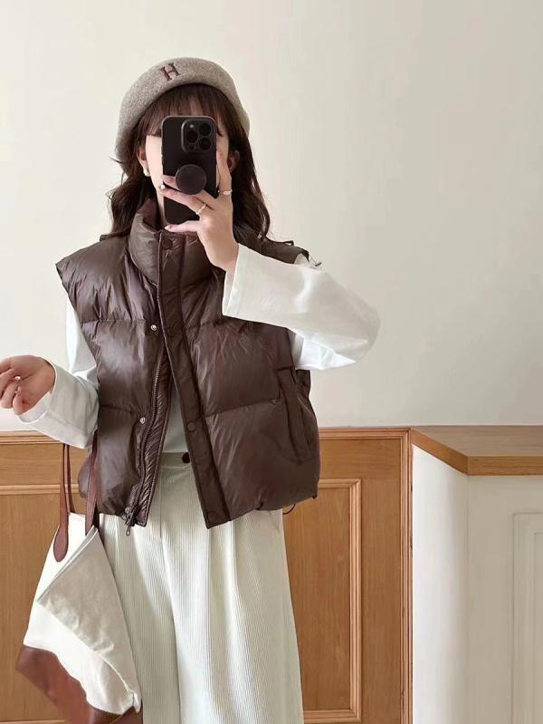 ダウンベスト レディース 韓国風 ファッション 冬 おしゃれ スタンドカラー ゆったり スリム見え 防寒 アウター ベスト カフェ色 グレー ブラック