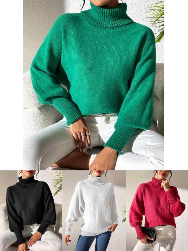 Long-Sleeved Knit - ニット レディース トップス 秋冬 無地 シンプル バットスリーブ ハイネック プルオーバー ベルスリーブ 鹿の子編み 暖かい あったか 防寒 ゆったり 大きめサイズ 黒 白 赤 緑