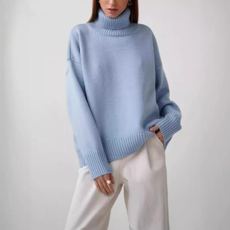 Three-Quarter Knit - ニット レディース 秋冬 高 Colla ネック セーター カーディガン ゆったり 厚手 無地 トップス プルオーバー 浅藍色