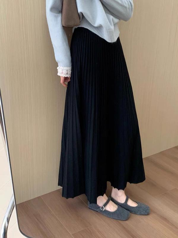 スカート レディース 百褶スカート ひざ丈 ミモレ丈 ニットスカート Aライン ハイウエスト 細見え 美脚 無地 ブラック グレー ベージュ ブラウン 秋冬