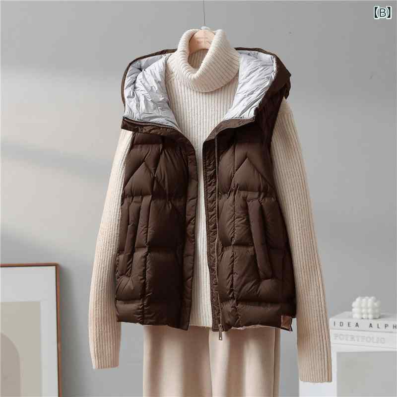 シャドーテールのダウンベスト レディース 撥水加工 フード付き 白ダックダウン ショート丈 襟付き ポリエステル アウター 秋冬 墨グリーン コーヒー色 ライトブルー ブラック オフホワイト カーキ S M L XL｜アングル3