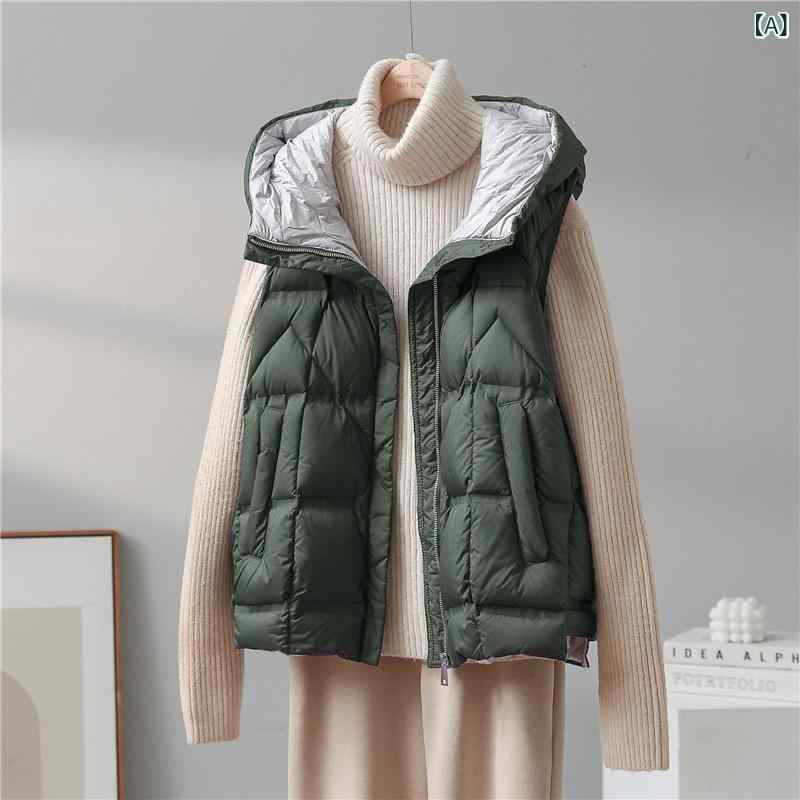 シャドーテールのダウンベスト レディース 撥水加工 フード付き 白ダックダウン ショート丈 襟付き ポリエステル アウター 秋冬 墨グリーン コーヒー色 ライトブルー ブラック オフホワイト カーキ S M L XL｜アングル2