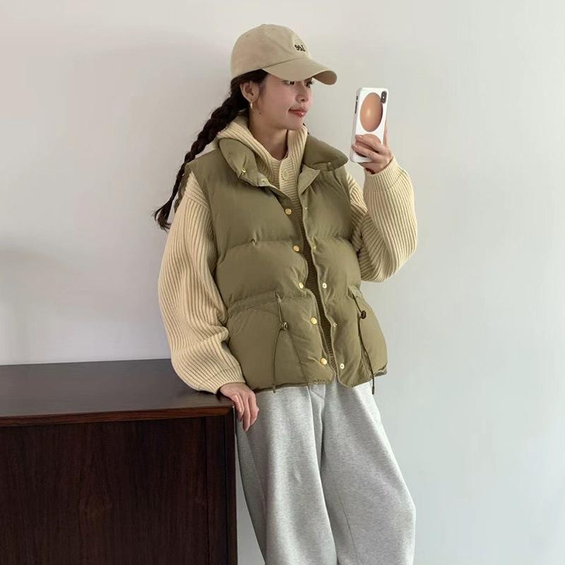 ダウンベスト レディース 韓国風 レトロ ドローストリング 白ダックダウン ゆったり 立ち襟 厚手 秋冬 グリーン 深グレー