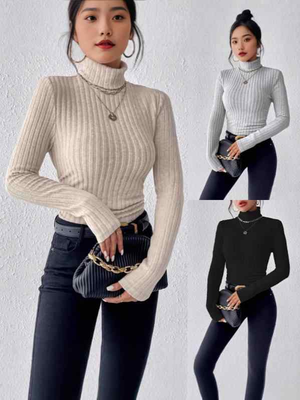 Tシャツ レディース 高襟 Vネック 長袖 磨毛 ニット トップス プルオーバー 秋冬 婦人服 無地 スリム 普段使い 韓国風 ポリエステル 灰色 黒 杏色