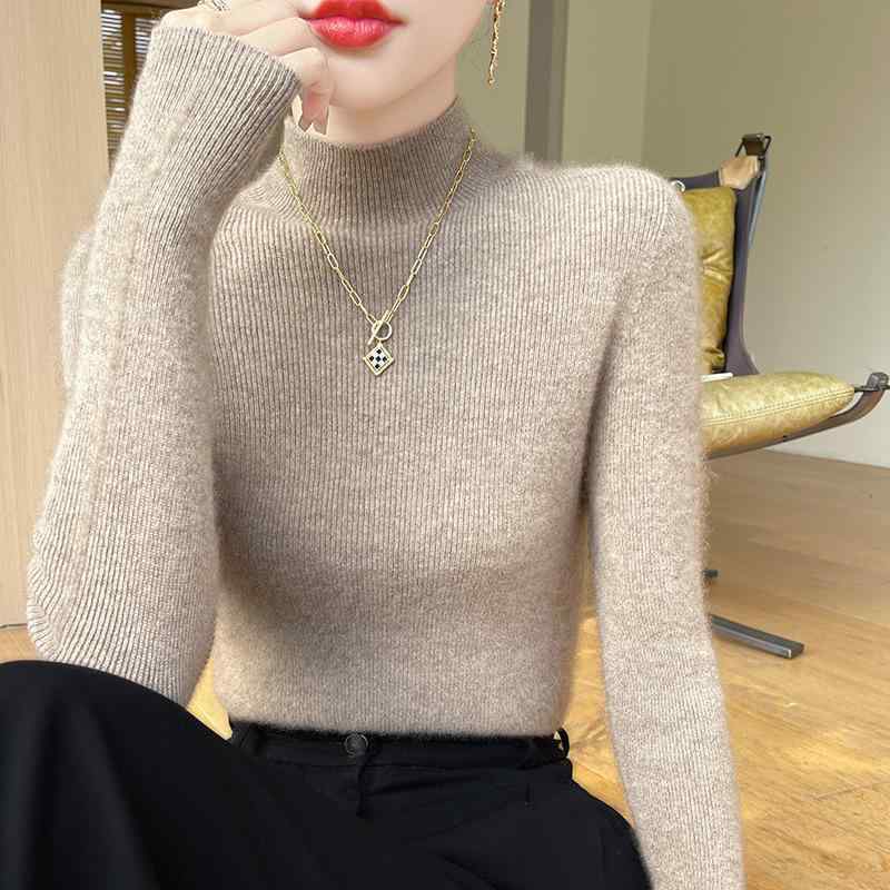 ニットトップス レディース シームレス ハーフハイネック 長袖 無地 ストライプ 修身 インナー レイヤリング 秋冬 ニットウェア 伸縮性 普段使い