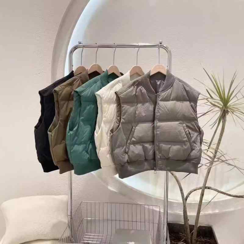 ダウンベスト レディース ショート丈 リブ 野球襟 ゆったり カジュアル 白ダックダウン アウター 重ね..