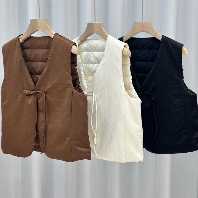 ベスト レディース Vネック あったか アウター 白鹅绒 中華風 チャイナボタン ショート丈 カフェ色 ブ..