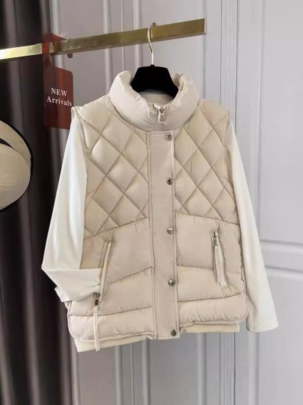 ベスト レディース 秋冬 ゆったり キルティング デザイン ポケット付き スリム トップス M L XL オフホワイト ブラック