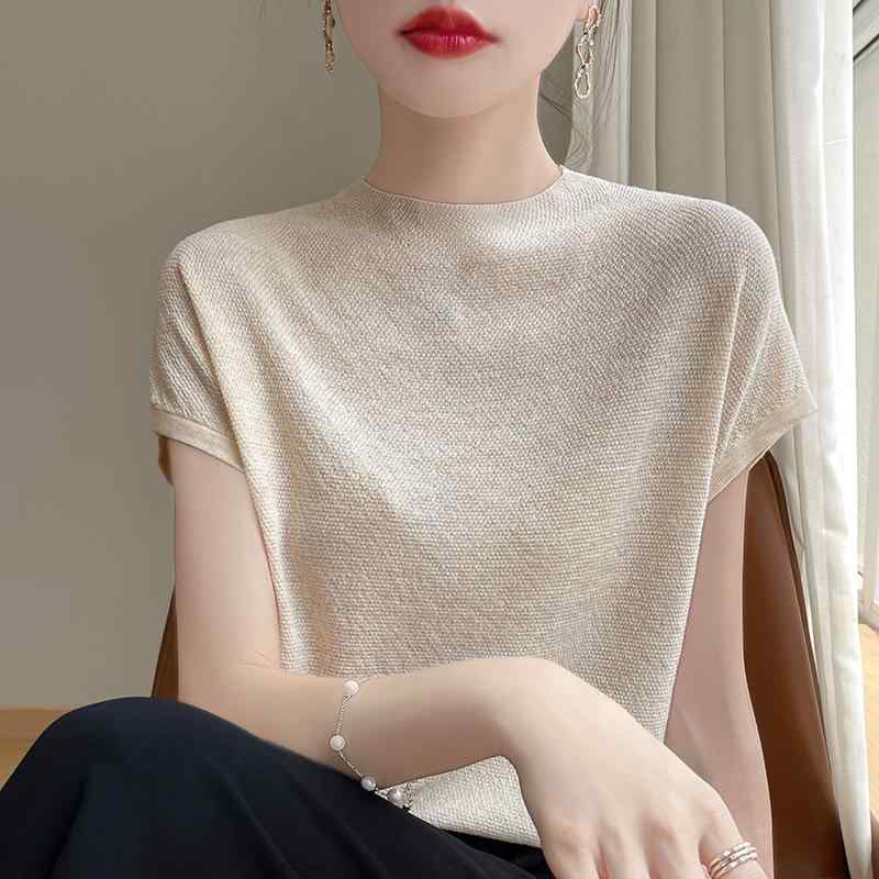 Three-Quarter Knit - ニット レディース サマーニット 半袖 ウール混紡 無地 薄手 ハーフネック プルオーバー ピンク系 ベージュ ブラック レッド グレー