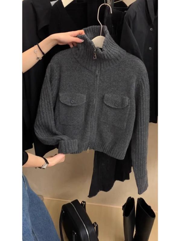 ニット レディース カーディガン 秋冬 厚手 レトロ ダブルジップ ハーフハイネック 灰色 あったか 羽織り 通勤 オフィス カジュアル きれいめ