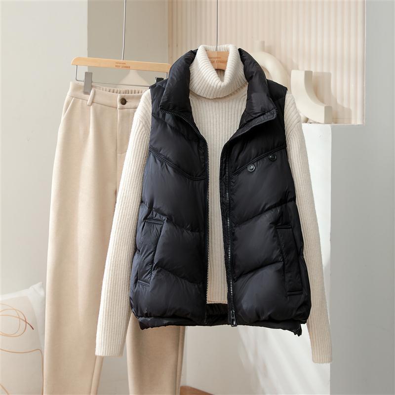 ダウンベスト レディース 韓国風 立襟 ベスト 袖なし チョッキ 秋冬 厚手 アウター 婦人服 ポリエステル カフェオレ ベージュ ブラック