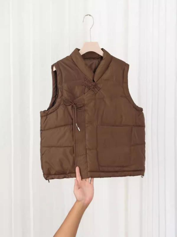 ベスト レディース チャイナ風 羽織り物 秋冬 大きいサイズ あったか アウター ベスト ショート丈 ノースリーブ チョッキ 前開き 立ち襟 ポケット付き 黒 白 赤 茶色 ポリエステル