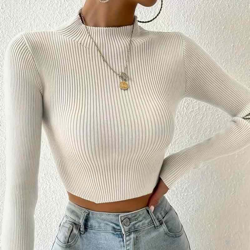 ニット レディース トップス 秋冬 小高领 長袖 プルオーバー ショート丈 ポリエステル 無地 黒 ブラッ..