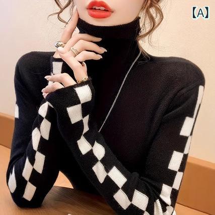 ニット レディース タートルネック チェック柄 トップス 秋冬 長袖 粘性繊維 ゆったり 普段使い かわいい ブラック レッド グリーン