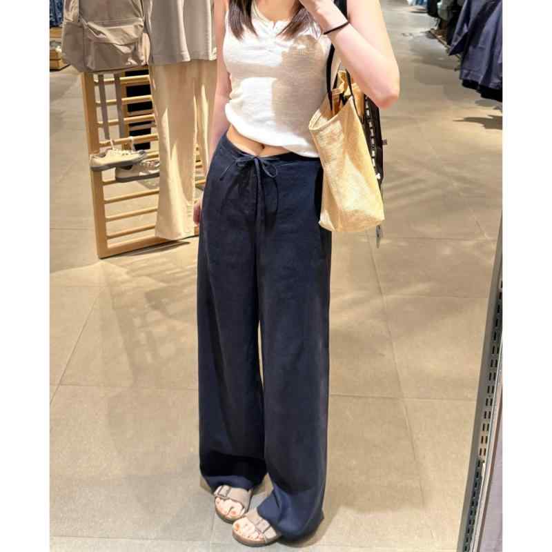 レディース ズボン 紺 麻 女性 夏 薄手 アイスシルク 防晒 綿麻 ワイドレッグ ストレートパンツ 通勤 普段使い 気質 スタイル 軽量 涼しい 素材 形状 機能