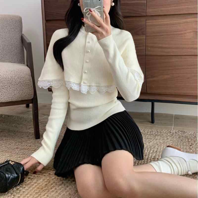 ニット レディース 長袖 レース 切り替え ラウンドネック ケープ風 ニット アンサンブル 秋冬 トップス プルオーバー エレガント フェミニン