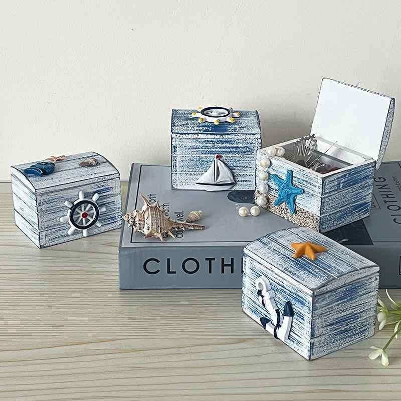 小物入れ レディース ミニ宝箱風 アクセサリーケース 木製 海モチーフ アンカー 舵 船 ヒトデ かわいい..