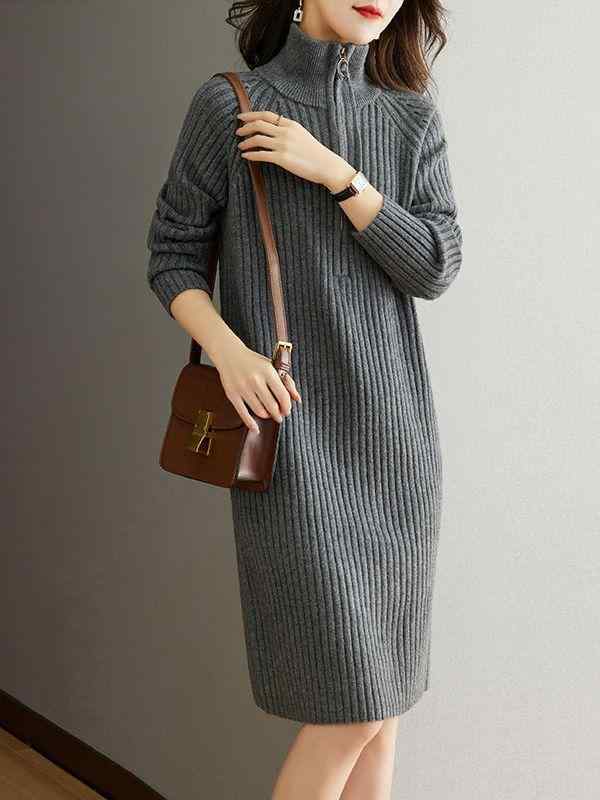 Three-Quarter Knit - ニットワンピース レディース 高齢 ニット トップス 秋冬 高齢者向け 高齢者 婦人服 ミセス ファッション シニア 服 長袖 あたたかい ゆったり かわいい おしゃれ 黄色 黒 グレー ベージュ