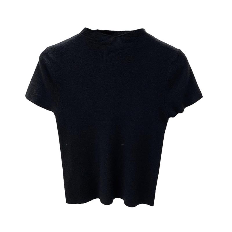 No Sleeve Knit - ニット レディース デザイン 半袖 トップス インナー 白色 スリム Tシャツ セーター プリンセス袖 ポロネック 接触冷感 伸縮性