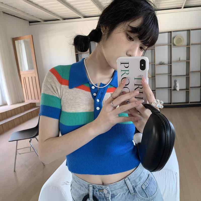 ポロシャツ レディース 半袖 Tシャツ ショート丈 ストライプ バイカラー デザイン 個性的 おしゃれ レトロ シック カジュアル 夏服 普段使い 通勤用 通気性 伸縮性 着回し トップス