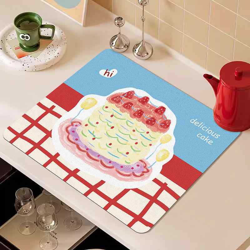 ランチョンマット かわいい キッチン 排水マット 洗面台 吸水マット 家庭用 滑り止め 断熱 バーカウンター 早春ケーキ柄 ブルー イエロー PVC製 30 40 50 60cm