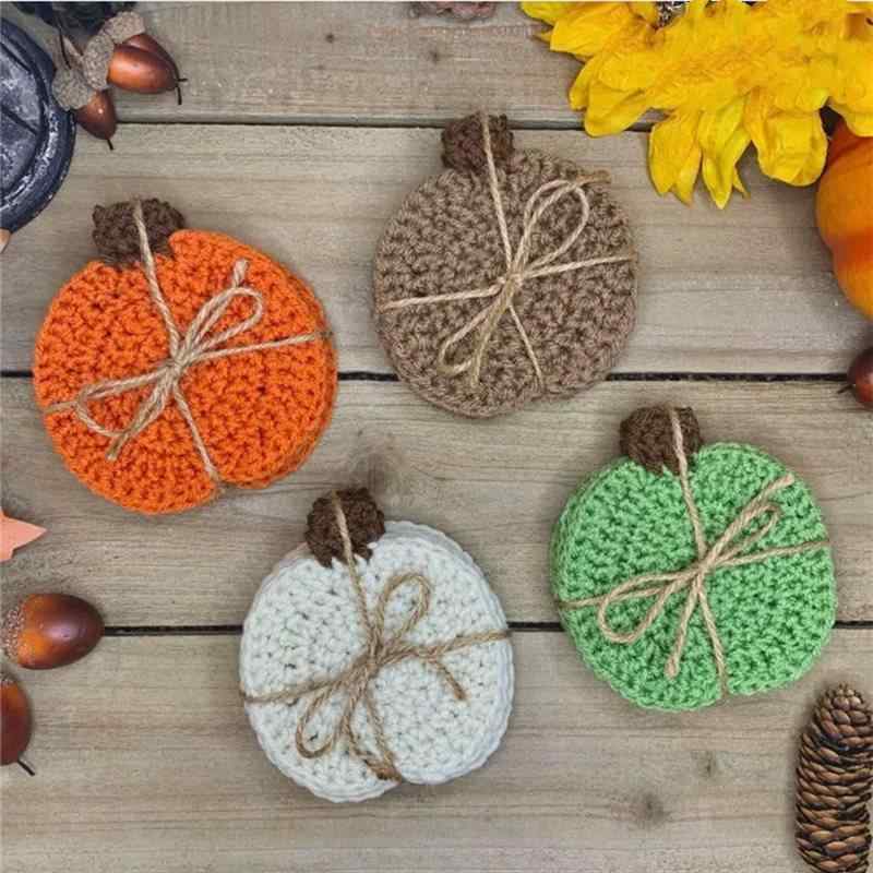 Place Mats - カップホルダー ハロウィン かぼちゃ ドリンクマット 手編み コースター 断熱 ポリエステル かわいい ホワイト 幽霊 オレンジ ブラウン グリーン
