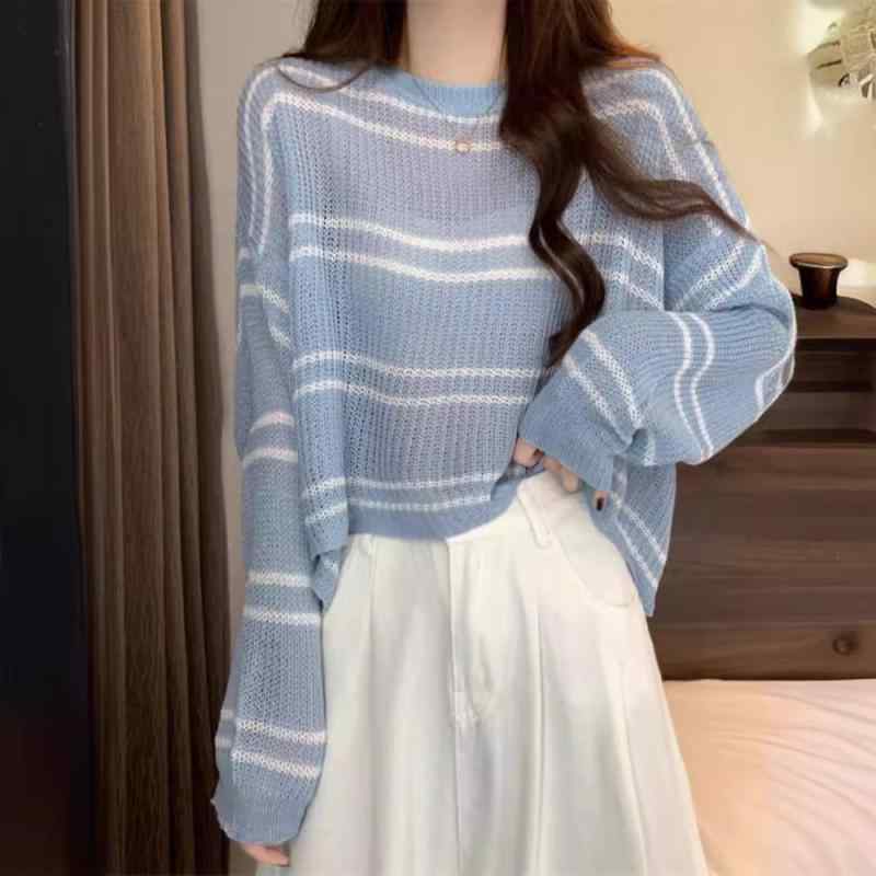 ニット レディース カーディガン ストライプ柄 薄手 接触冷感 紫外線対策 サマーニット 長袖 トップス 接触冷感 ゆったり ラウンドネック プルオーバー 春夏