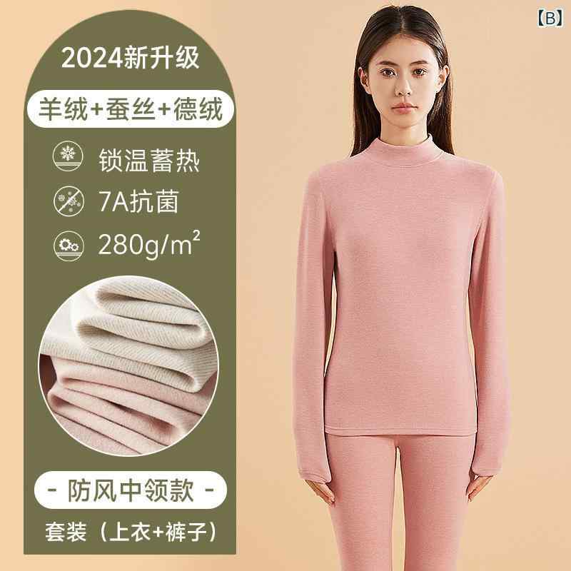 シャドーテールのインナー レディース メンズ 秋冬 羊毛 カシミヤ 混紡 シルク 長袖 あったかインナー 上下セット 肌着 半ハイネック 厚手 無地 婦人 男性用 L XL 2L 3L 4L ピンク ブラック グレー ブルー｜アングル3