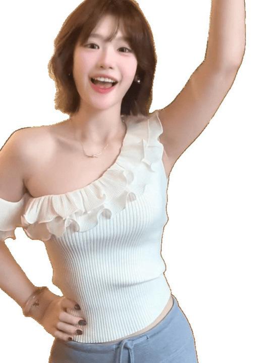 ニット レディース サマーニット ノースリーブ 斜めがけ アシンメトリー 接触冷感 薄手 ショート丈 トップス カットソー スリム タイト 無地 シンプル かわいい ガーリー セクシー フェミニン デート 米杏色