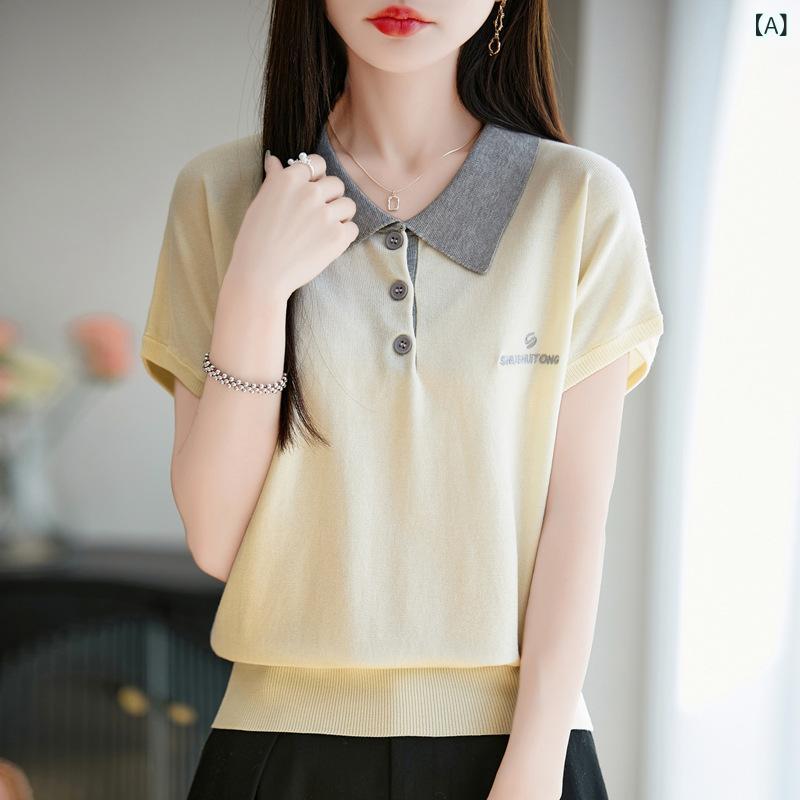 Tシャツ レディース 半袖 ポロシャツ 接触冷感 再生繊維 トップス ショート丈 ニット 春夏 カジュアル 無地 米杏 グレー 天ブルー 黄色 ブラック