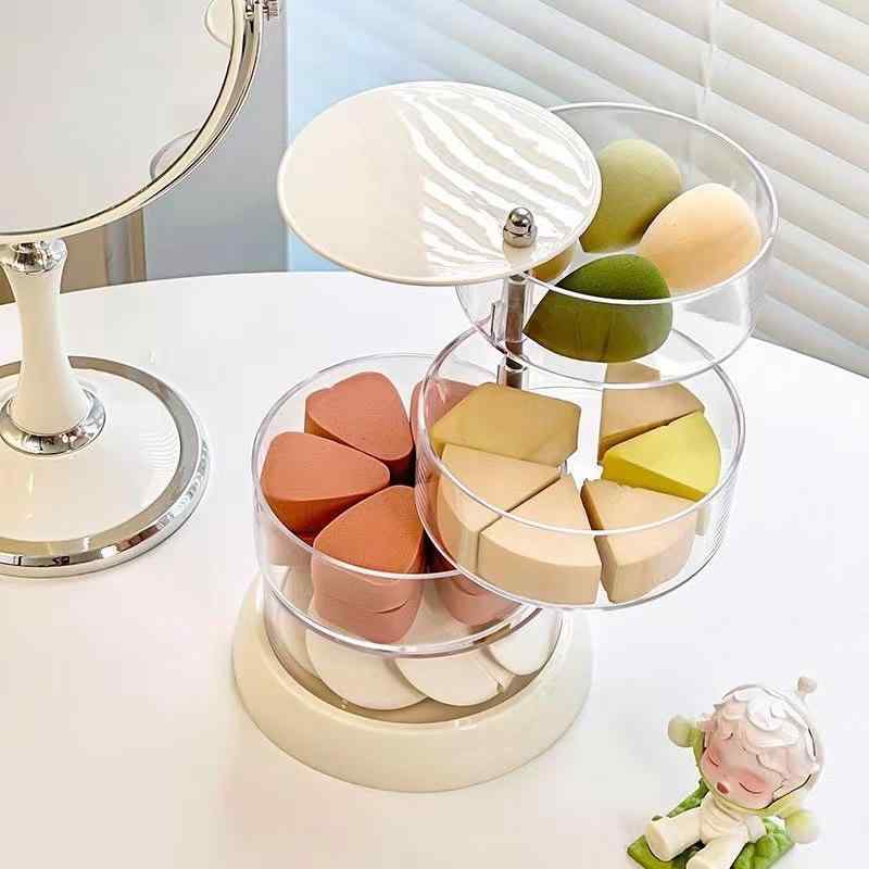 メイクボックス レディース 大容量 回転式 防塵 メイクアップ スポンジ 収納ケース 透明 アクセサリー 小物入れ 卓上