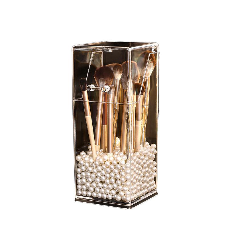 メイクボックス メイクブラシケース ペン立て アクリル製 防塵 大容量 コスメ収納 アイシャドウブラシ スタンド パール付き 四角形 六角形 透明