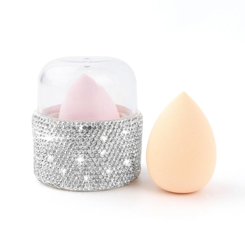 メイクアップ スポンジ 携帯用 収納ケース ラインストーン デコレーション 乾湿両用 美容 メイク道具 7.8 6.8cm