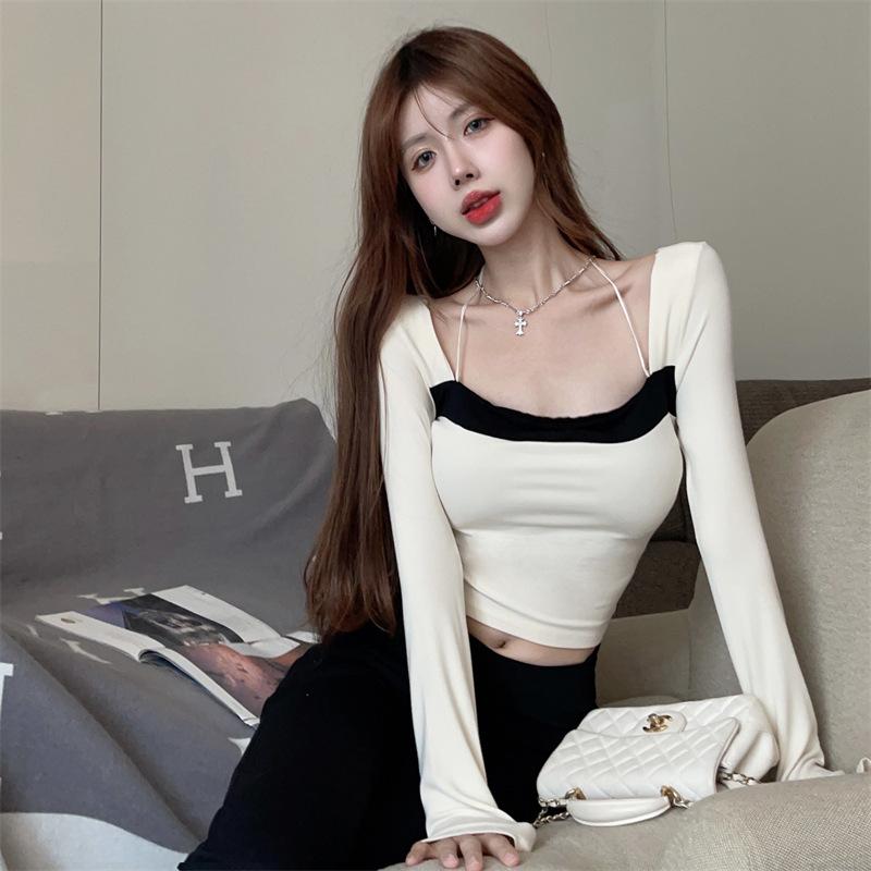 Tシャツ レディース 長袖 配色 トップス 韓国風 スリムフィット スクエアネック カットソー プルオーバー ポリエステル 日韓スタイル カジュアル フェミニン