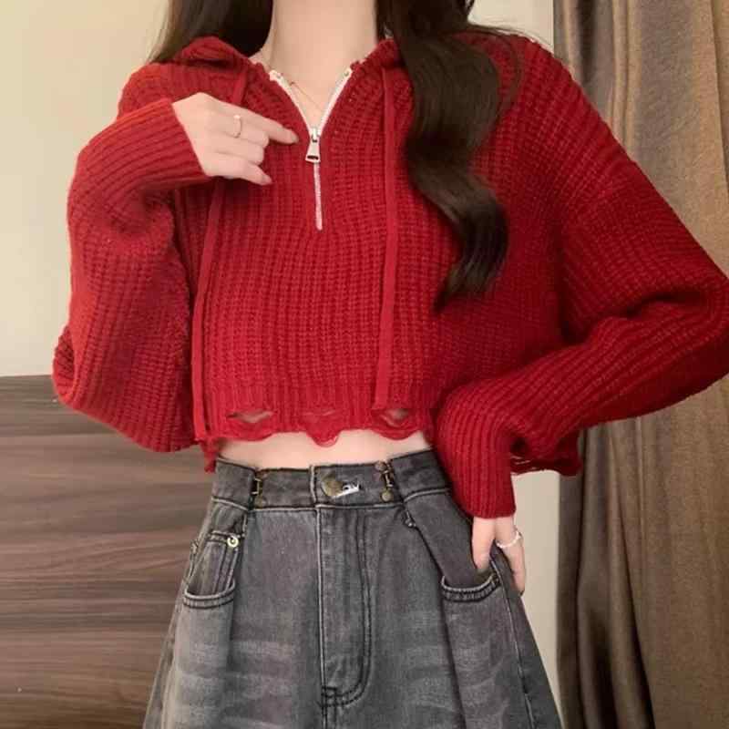 ニット・セーター レディース 長袖 ショート丈 へそ出し パーカー フーディー プルオーバー トップス ..