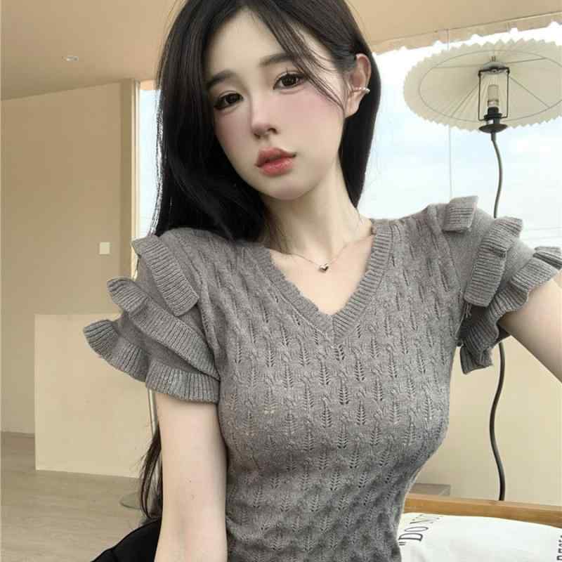ニット・セーター レディース 半袖 Vネック 薄手 無地 ショート丈 トップス 修身型 接触冷感 フェミニ..