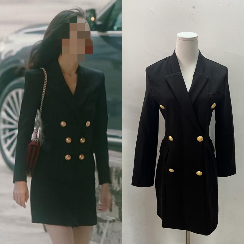 ワンピース レディース 秋冬 ブラック ダブルブレスト 長袖 膝丈 麻 街頭風 スリット タイトスカート