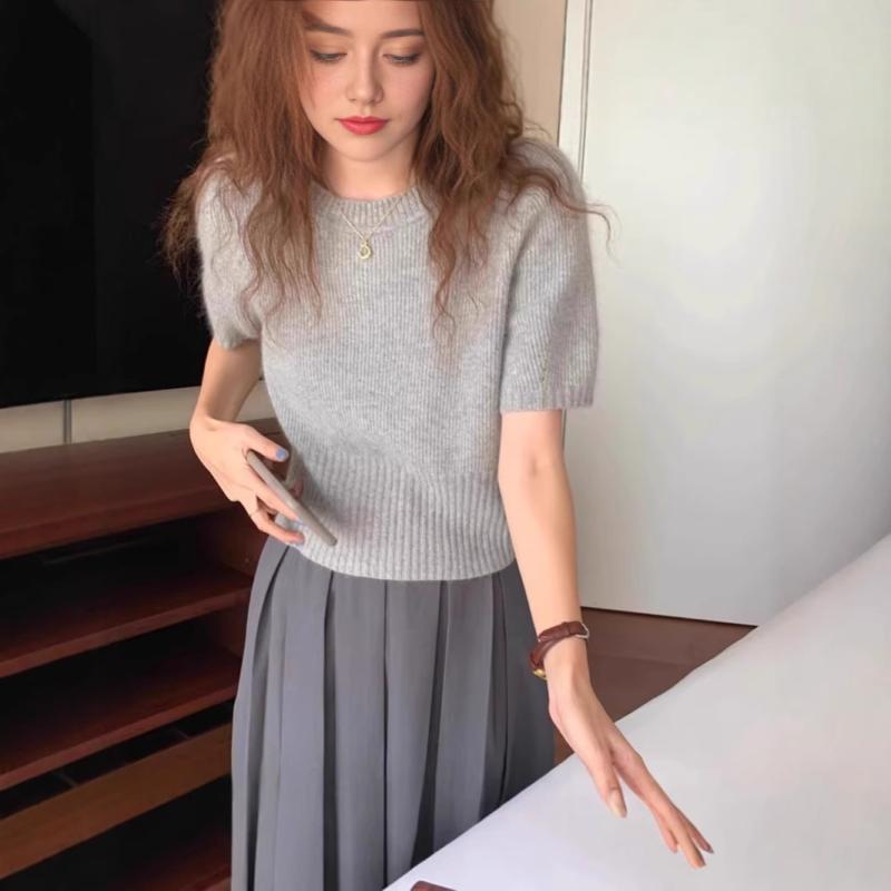 ニット レディース 半袖 春秋 ラウンドネック ウール カシミヤ ゆったり スリム Tシャツ トップス リブニット グレー 焦糖色 ホワイト 杏色 ブラック ブルー