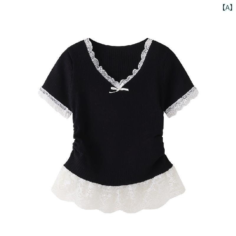 Garments - トップス レディース Vネック レース 蝶結び 短袖 ニット フレンチスカート風 小さめ上衣 ファッション 洋気 インナー 気質 通勤 快適 休闲 ポリエステル 修身型 普通丈 黒 ピンク 黄色 2025年 夏
