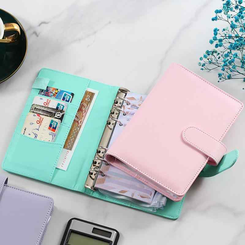 ノート レディース A6 マカロンカラー PU リングノート ファスナーケース付き 家計簿 バインダー 予算プランナー かわいい 韓国 日記帳