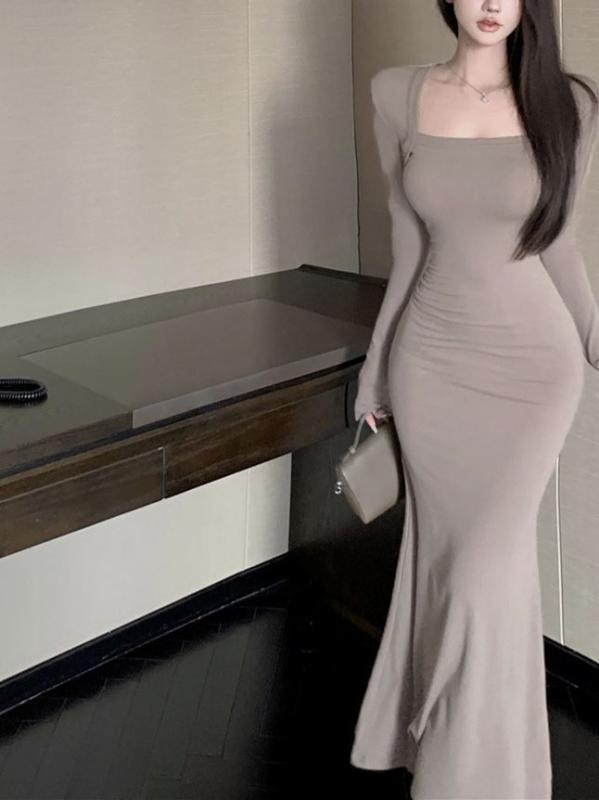 ワンピース レディース 秋冬 長袖 Aライン 無地 ミモレ丈 ポリエステル 切り替え 深灰色 カーキ色 黒 通勤 エレガント