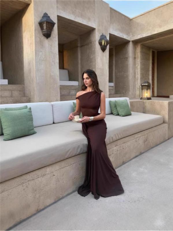 ワンピース レディース 秋冬 斜め襟 ノースリーブ アシンメトリー 百褶 ロングワンピース 90% 三酢酸繊..