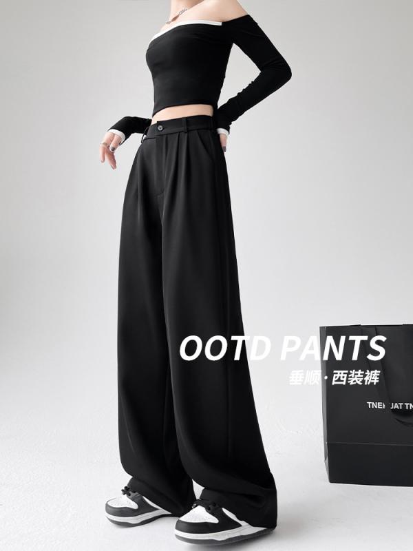 パンツ レディース 春秋 韓国風 ポリエステル テーパードパンツ ストレートパンツ スラックス ロングパンツ オフィス カジュアル 高身長 小柄 グレー 黒