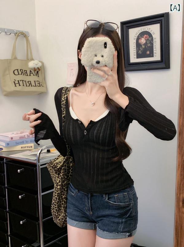 Rakuten - Tシャツ レディース 長袖 トップス レイセル繊維 修身 インナー ラップトップ タイト ベースレイヤー 半開襟 ボタン 短丈 純色 夏 黒 白 赤 橙 ヒョウ柄 甘辛スタイル