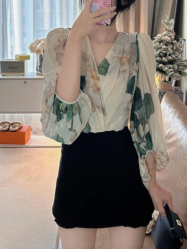 シャツ レディース 海棠花柄 Vネック 長袖 ゆるシルエット パフスリーブ 2025年 春夏 切り替え 蝶結び ポリエステル 甘め 清新