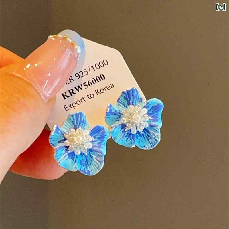 ピアス レディース ブルー ドロップ釉 海棠 (カイドウ) 花 モチーフ フレンチ レトロ 春夏 イヤリング エレガント アクセサリー 925シルバー針