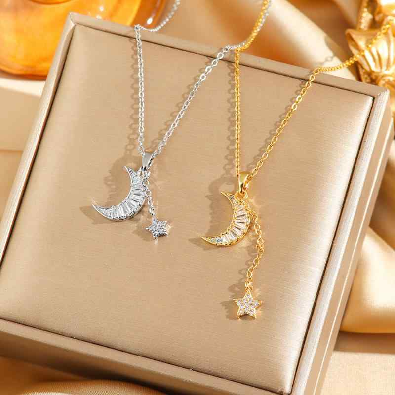 ネックレス レディース 韓国風 星 月モチーフ ジルコニア チタン鋼製 ペンダント ファッション シルバー ゴールドカラー