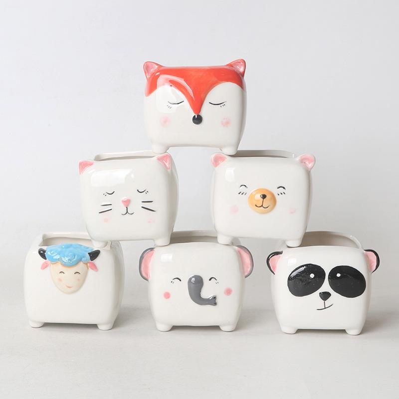 植木鉢 レディース かわいい 猫 アニマル 手描き 多肉植物 小さめ 四角 陶器製 プランター 観葉植物 北..