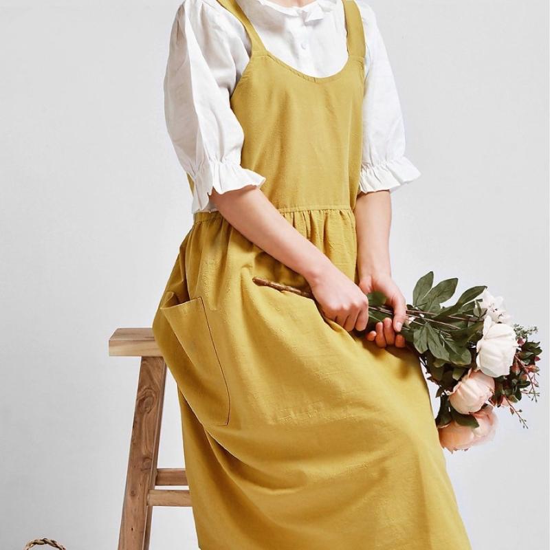 エプロン レディース コットン リネン 日韓 田園風 ワークエプロン 料理 DIY ガーデニング ブラック系