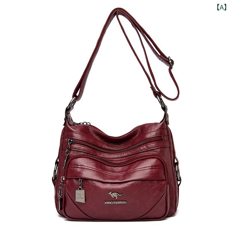 バッグ レディース ママバッグ ショルダーバッグ 斜めがけ 大容量 PU レザー 新月形 鞄 ステッチ 無地 ソフトハンドル 内ポケット付き ワインレッド系